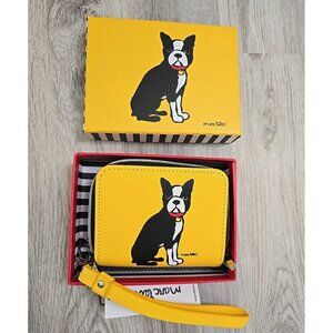 Marc Tetro Boston Terrier Saffiano Leather Wallet Wristlet Strap Yellow Zip NWT